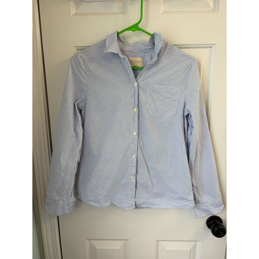 Sezane Max Shirt Blue Pinstripe Button Down Size 34 100% Cotton Officecore